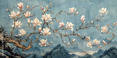 Vintage Chinese chinoiserie botanical watercolor painting drawing of rabbit and magnolia flower tree with blue color theme wall art, background, wallpaper, wall art