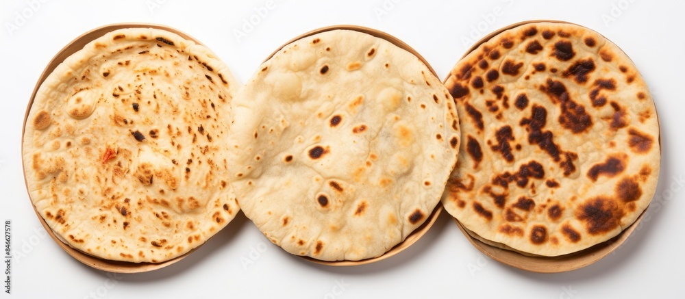Varieties of Indian unleavened flatbreads like chapati, roti, and phulka are shown in a copy space image isolated on a white background, representing traditional Indian cuisine. Varieties of Indian unleavened flatbreads like chapati, roti, and phulka are shown in a copy space image isolated on a white background, representing traditional Indian cuisine.