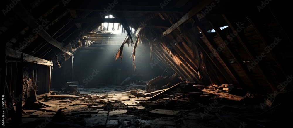 Collapsed roof of a decrepit abandoned house sets an eerie scene suitable for urban exploration and grunge photography with a haunting atmosphere and space for text or imagery. with copy space image Collapsed roof of a decrepit abandoned house sets an eerie scene suitable for urban exploration and grunge photography with a haunting atmosphere and space for text or imagery. with copy space image