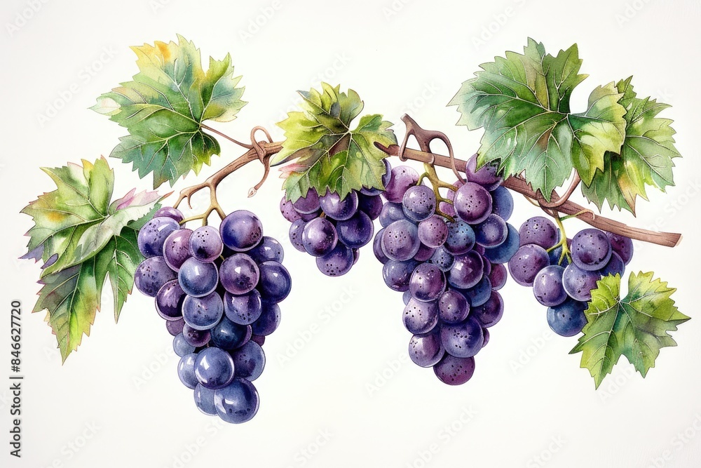 Fototapeta premium A string of purple grape illustrations on a white background