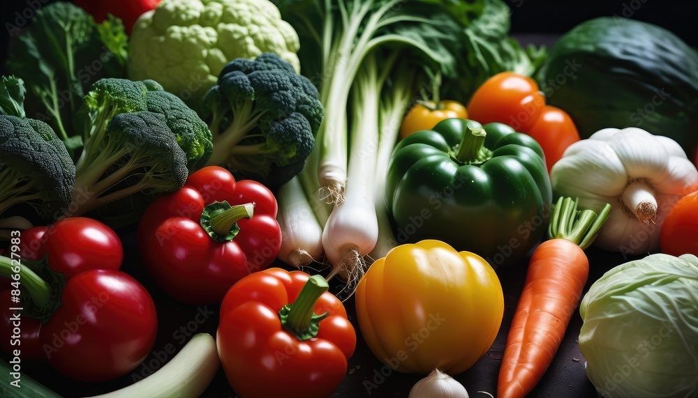 A rich display of fresh produce featuring tomatoes, cucumbers, cauliflower, bell peppers, and leafy greens, highlighting the diversity and nutrition of garden-fresh vegetables A rich display of fresh produce featuring tomatoes, cucumbers, cauliflower, bell peppers, and leafy greens, highlighting the diversity and nutrition of garden-fresh vegetables