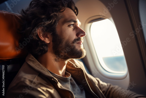 Image created with generative AI of happy man sitting on business class luxury plane © Tetiana