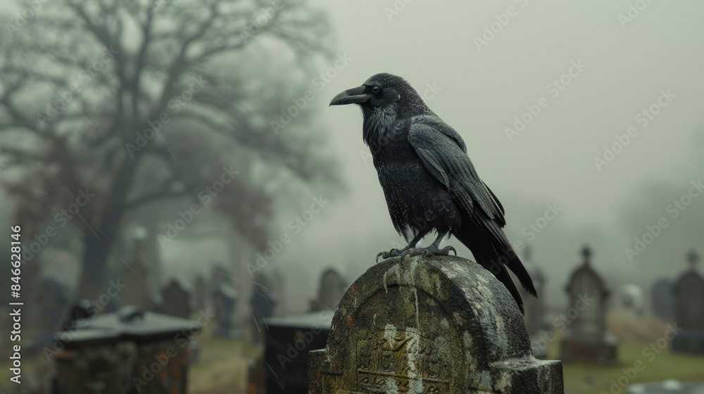 Fototapeta premium Black raven perched on a tombstone, gloomy scene