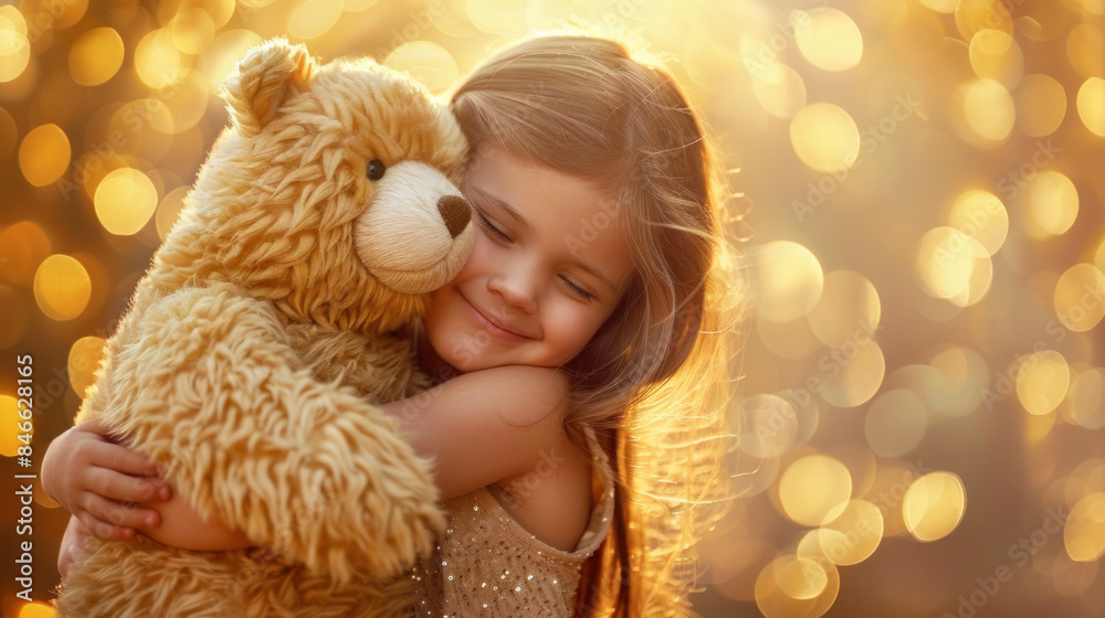 Little girl hugging teddy bear toy in meadow Little girl hugging teddy bear toy in meadow