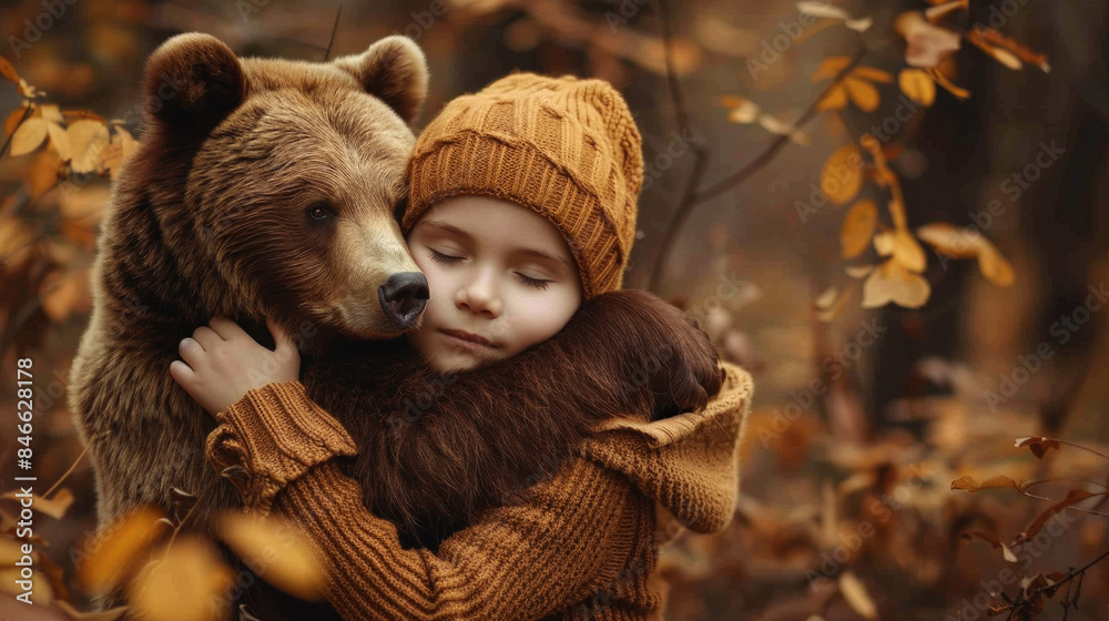 Small girl hugging a real wild bear in forest Small girl hugging a real wild bear in forest