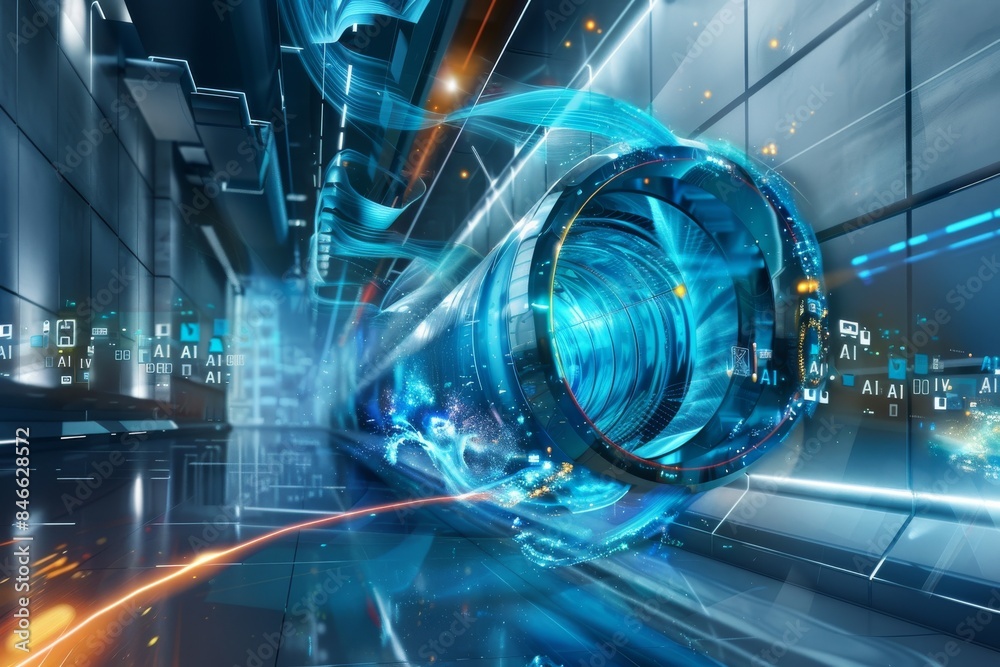 Futuristic AI interface with neon lights in a high tech environment, showcasing advanced technology and artificial intelligence Futuristic AI interface with neon lights in a high tech environment, showcasing advanced technology and artificial intelligence
