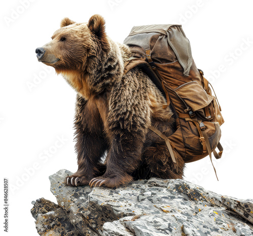 Brown bear with hiking backpack, perched atop a rock. Isolated on transparent background (PNG)