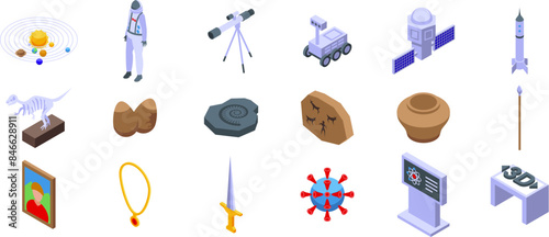 Science museum exhibits icons set. Museum exhibit icons showing artifacts from different eras and branches of knowledge
