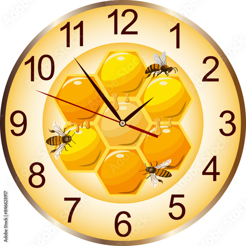 Watch dial with honey decoration.Colored vector illustration with honeycomb and bees decoration on the clock face. photo