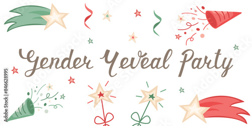 Vector invitation card template for baby gender reveal party. Color illustration with firecrackers and party lights on a white background.