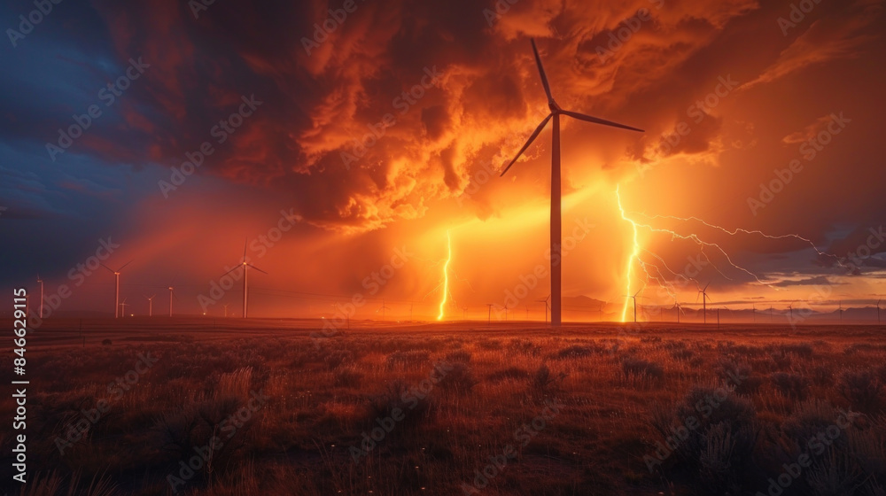 Obraz premium Wind generators and heavy storm with lightnings