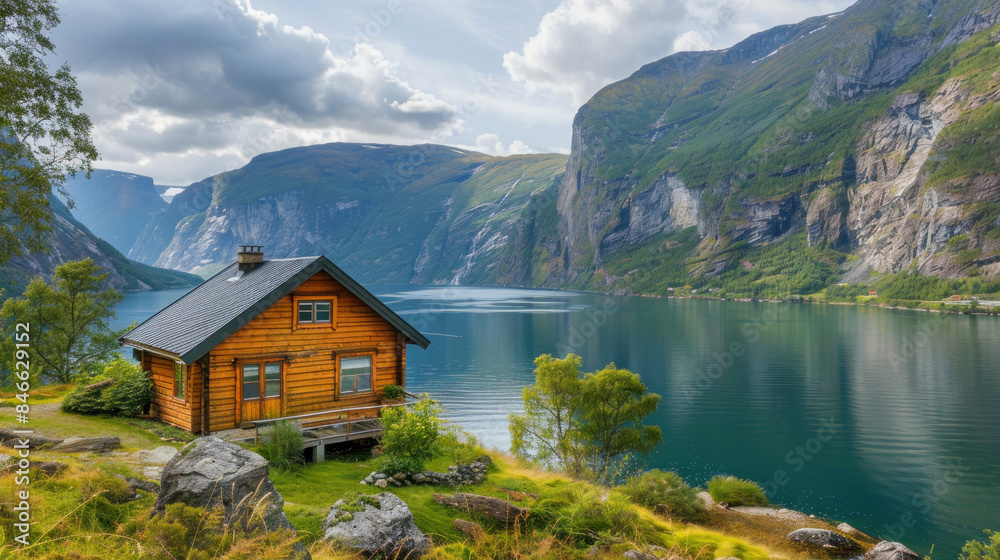 Scandinavian house in remote area near the lake of fjord Scandinavian house in remote area near the lake of fjord
