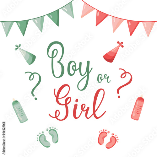Hand drawn greeting card Boy or Girl. Vector invitation card template for baby gender reveal party. Color illustration with flags and children's items on a white background.