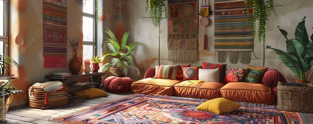 Bohemian living room with layered rugs, macrame wall hangings, and vibrant textiles, 4K hyperrealistic photo Bohemian living room with layered rugs, macrame wall hangings, and vibrant textiles, 4K hyperrealistic photo