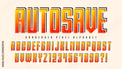 Pixel vector alphabet design, stylized like in 8-bit games. High contrast and sharp, retro-futuristic.
