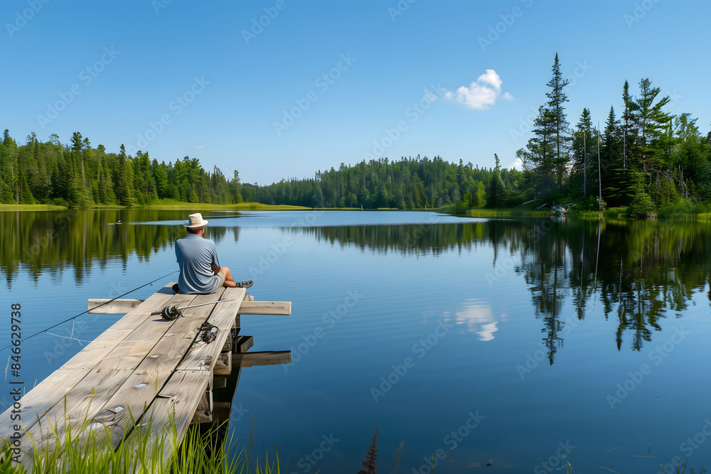 Obraz premium An angler sits patiently on a rustic wooden dock by a tranquil lake, the reflection of the surrounding pine trees shimmering on the water's surface as he waits for a bite under a clear blue sky.