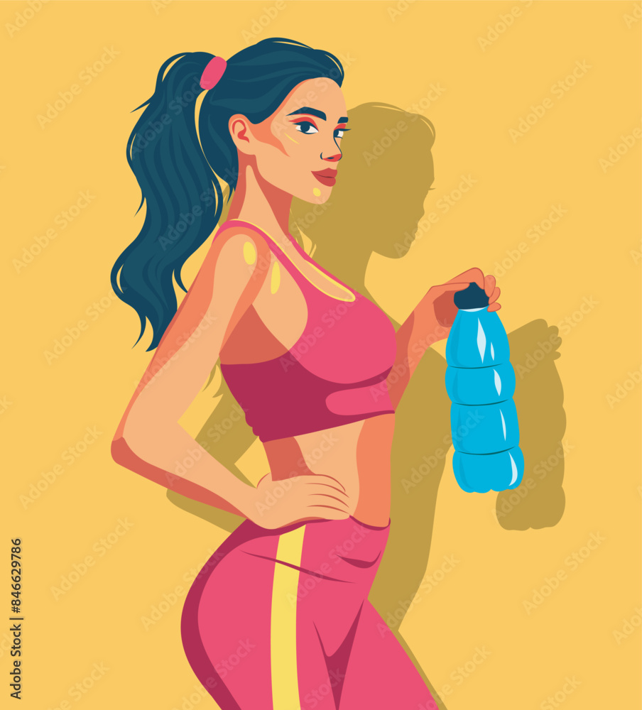 Vector illustration of a girl athlete holding a bottle of water, sports day, health day, a woman doing sports, a woman girl in sportswear, for the site, posters, cards, posters, social networks Vector illustration of a girl athlete holding a bottle of water, sports day, health day, a woman doing sports, a woman girl in sportswear, for the site, posters, cards, posters, social networks