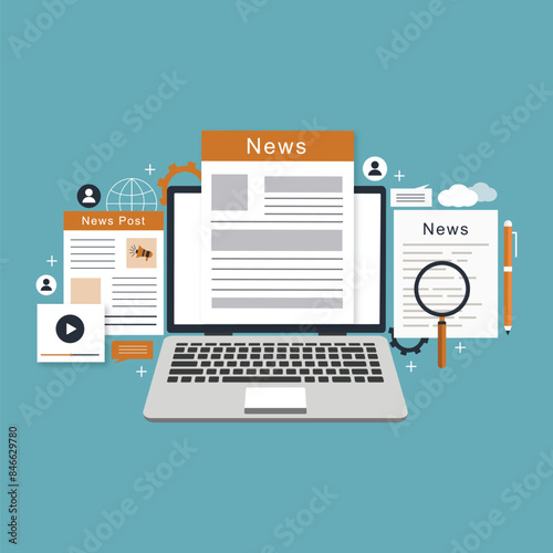 Online news article press release digital journal on laptop screen, social media promotion and marketing vector illustration web banner