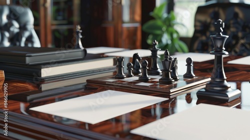 Strategic Negotiation Lawyers at Table with Business Cards and Chess Set