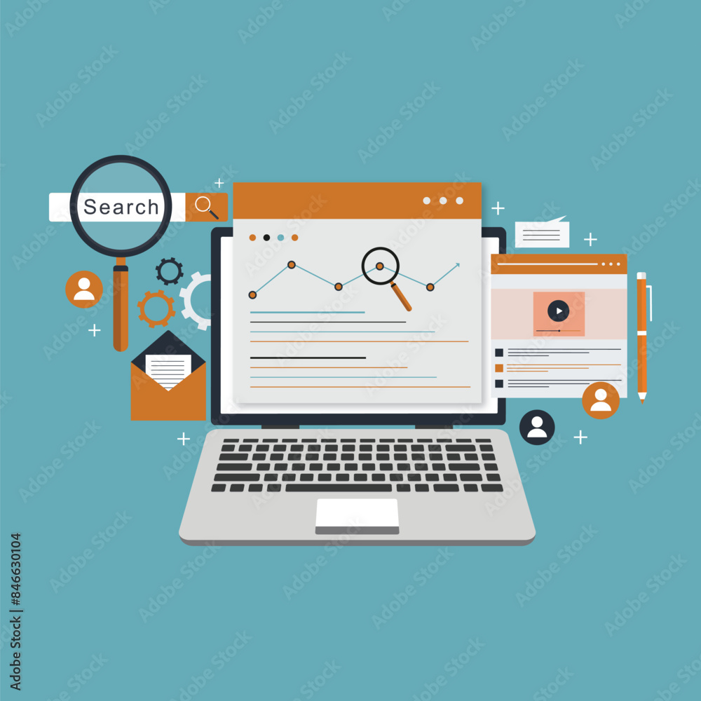 SEO data analytics optimization dashboard monitor illustration SEO data analytics optimization dashboard monitor illustration