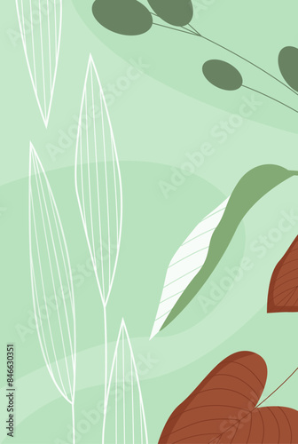 Abstract green leafy pattern with plants  leaves of different textures  shapes and natural colors vector illustration