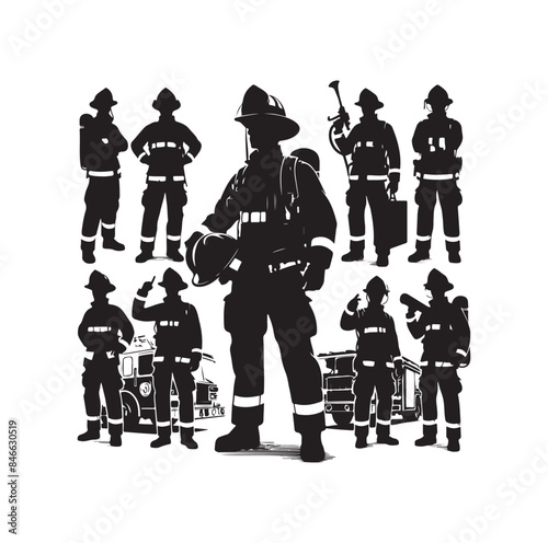 Firefighters pose silhouette vector illustration 