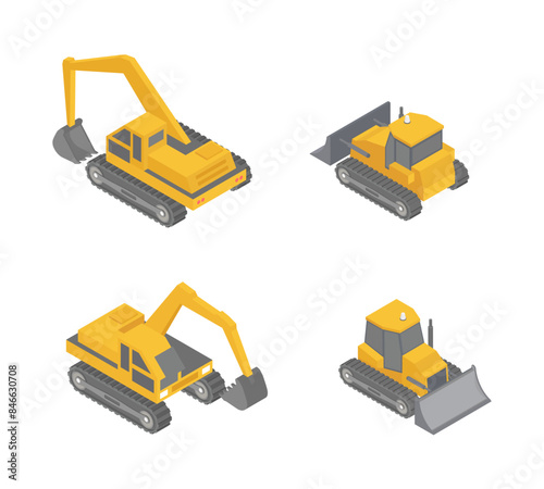 Isometric set of construction equipment icons. Isometric tractor, bulldozer and excavator on white background. 