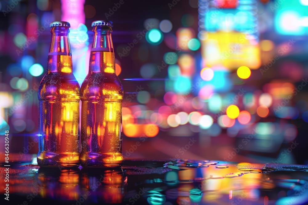 Glass bottle and neon light halo Glass bottle and neon light halo