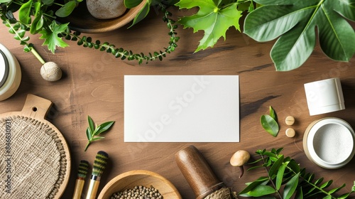 Green Living EcoFriendly Workspace with Sustainable Business Cards and Lush Plants