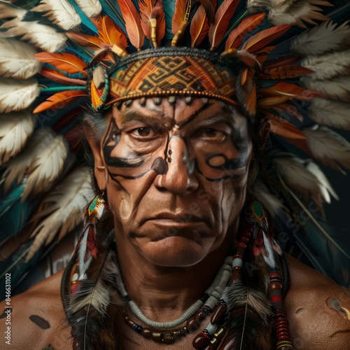 Tribal Warrior Chief Portrait, featuring tribal motifs and traditional elements, hyperrealistic 4K photo.