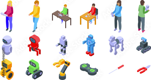 Kid robot class icons set. Engineers and technicians are working on an innovative robotics project, developing and programming robots