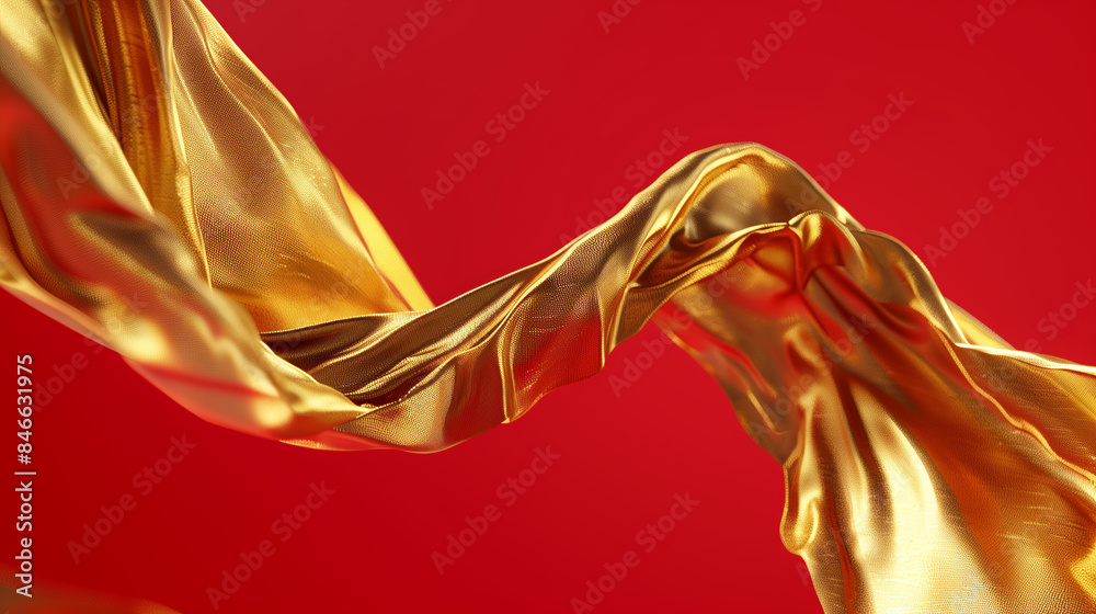 Elegant golden fabric flowing in dynamic waves against a rich red background, creating a luxurious and vibrant visual effect.
Elegant golden fabric flowing in dynamic waves against a rich red background, creating a luxurious and vibrant visual effect.