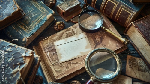 Antique Charm Vintage Bookseller's Treasures with Blank Business Cards Magnifying Glass and Antique Books Nostalgic Timeless and Intriguing Stock Image