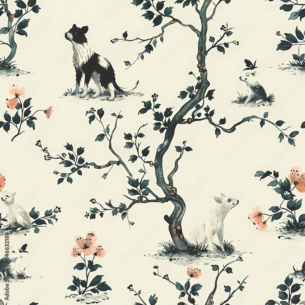 Fototapeta Vintage Chinese chinoiserie botanical watercolor painting drawing of bird and flower branch wall art, background, wallpaper, wall art