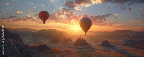 Hot air balloons rising over a serene desert landscape at sunrise, 4K hyperrealistic photo. photo