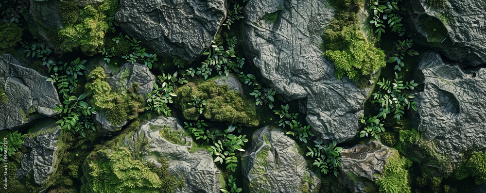 Moss-covered stone texture with lush green, 4K hyperrealistic photo