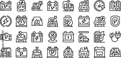 electricity car accumulator icons set. Line icons set of accumulator repairing and charging service, featuring hybrid and electric vehicles