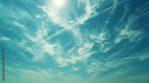 blue sky with intersecting white lines in the air