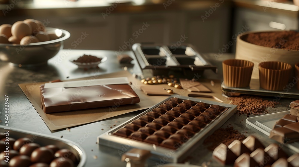 Masterful Chocolate Artistry Expert Chocolatier's Kitchen with Business Card Molds Cocoa and Finished Chocolates Masterful Chocolate Artistry Expert Chocolatier's Kitchen with Business Card Molds Cocoa and Finished Chocolates