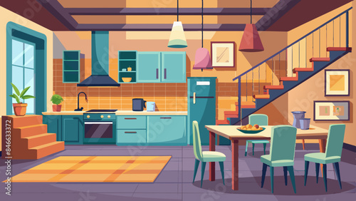 Kitchen interior with furniture and appliances front view. vector illustration night view  © fahim