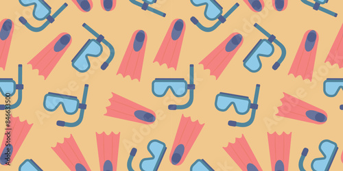 Seamless pattern of swimming mask and fins in flat style, isolated on a yellow background. Diving accessories. Vector 