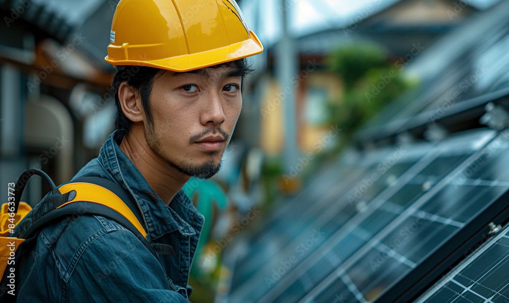 Asian engineer developing and checking a photovoltaic solar panel Asian engineer developing and checking a photovoltaic solar panel