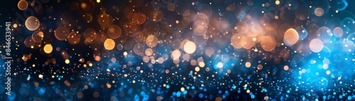 A magical display of blue and gold bokeh lights against a dark background, perfect for festive and celebratory designs photo
