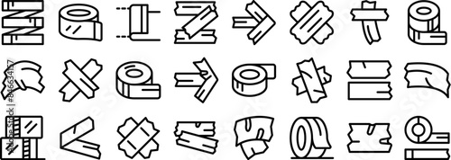 duct tape icons set. Set of different types of adhesive tape rolls and pieces for packaging and repairing