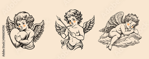 Set of cupids, angels for valentines day, Isolated cupid retro collection in engraving style. Vector illustration.	