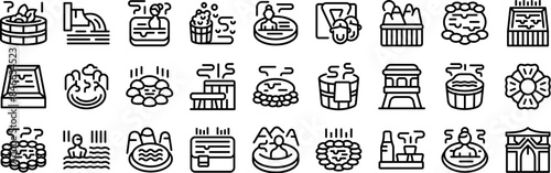 Japanese onsen icons set. Line icons representing various ways to enjoy hot springs, including natural pools, bathhouses, and saunas