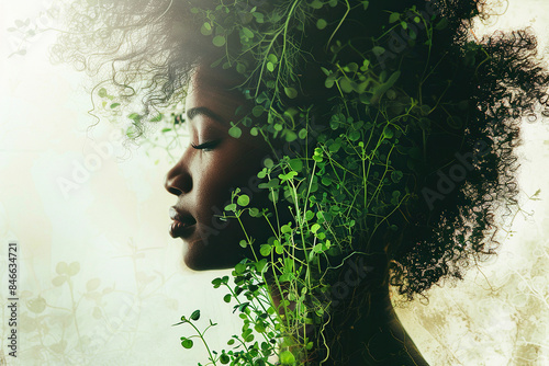 Silhouette of a dark-skinned attractive woman with microgreens in her hair. Concept of mental health or environmental conservation. photo