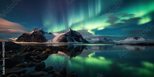 Polar night lights sky aurora astronomy green ligh glow with mountains landscape background view scene