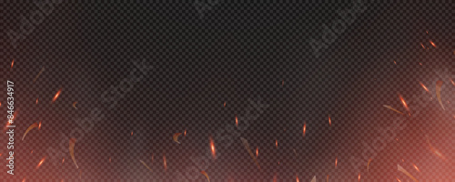 Burning hot sparks effect with embers burning ash and smoke flying in the air. Burning glowing particles. Flame of fire with sparks isolated on a black transparent background. Flame png.