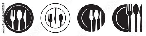 Round vector logo elements for cafe - fork, spoon, knife and plate.